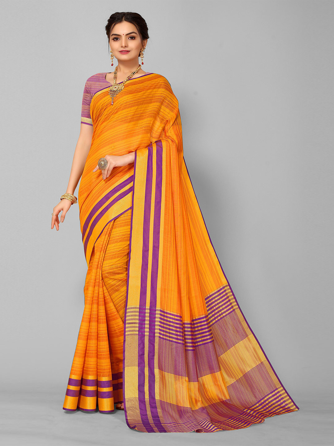 

KALINI Orange & Purple Striped Kanjeevaram Saree
