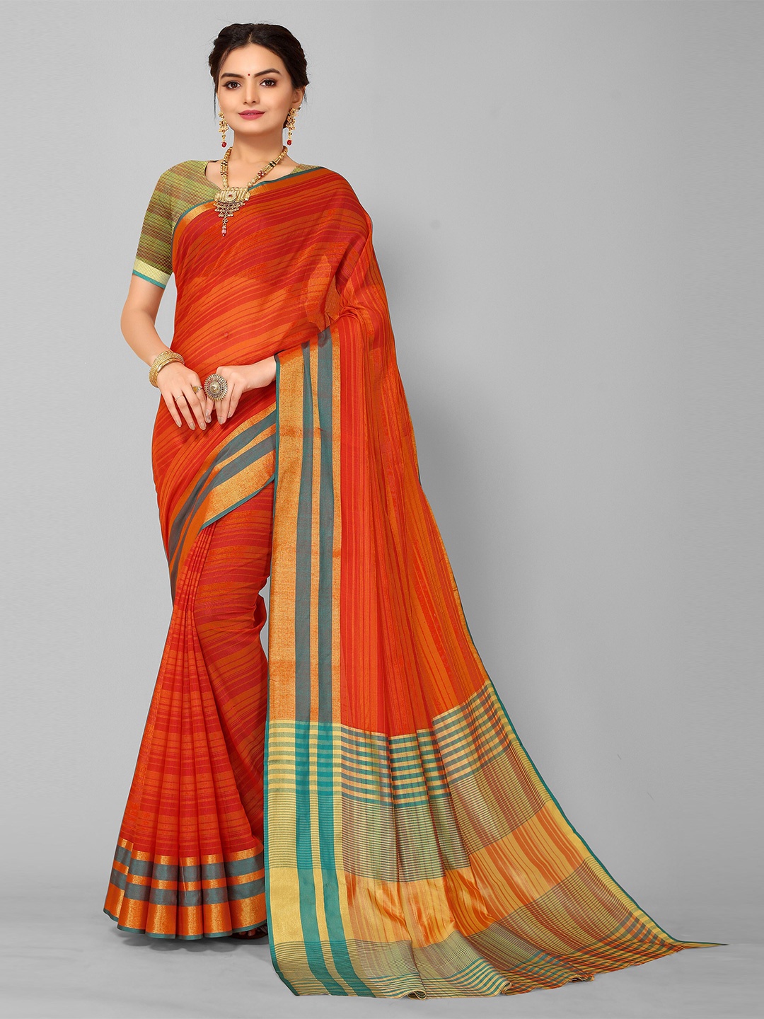 

KALINI Maroon & Green Striped Kanjeevaram Saree