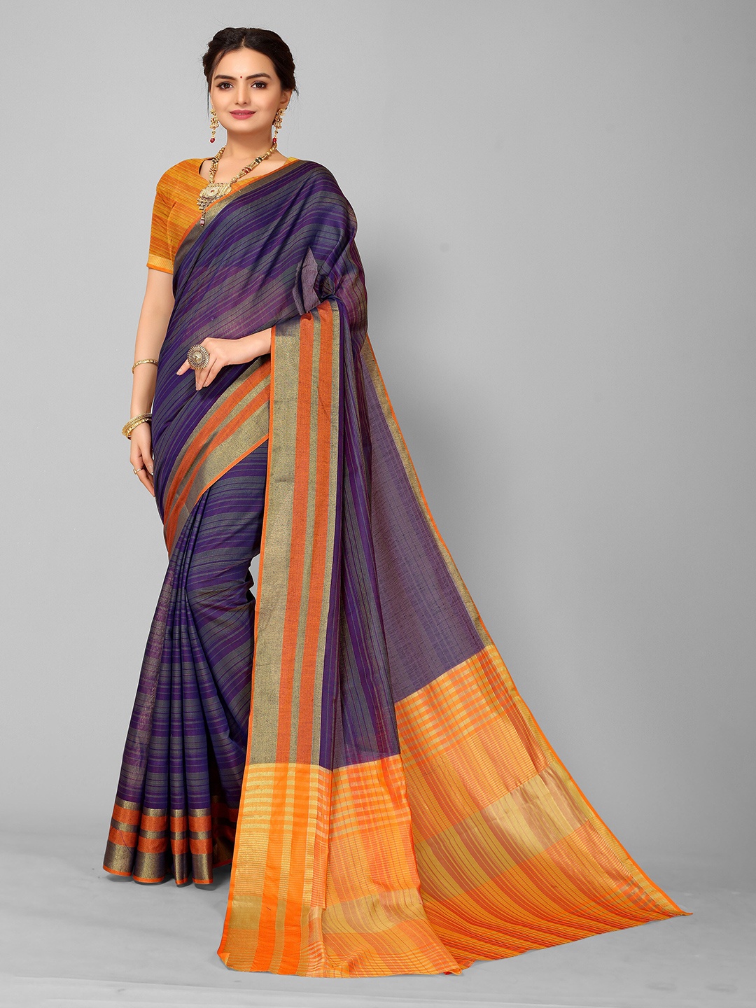 

KALINI Purple & Yellow Striped Zari Kanjeevaram Saree
