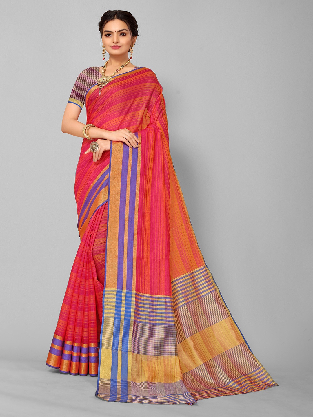 

KALINI Pink & Blue Striped Zari Kanjeevaram Saree