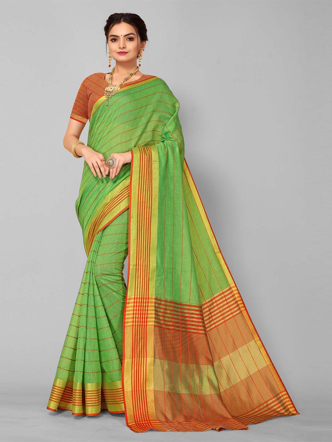 

KALINI Green & Orange Striped Zari Kanjeevaram Saree