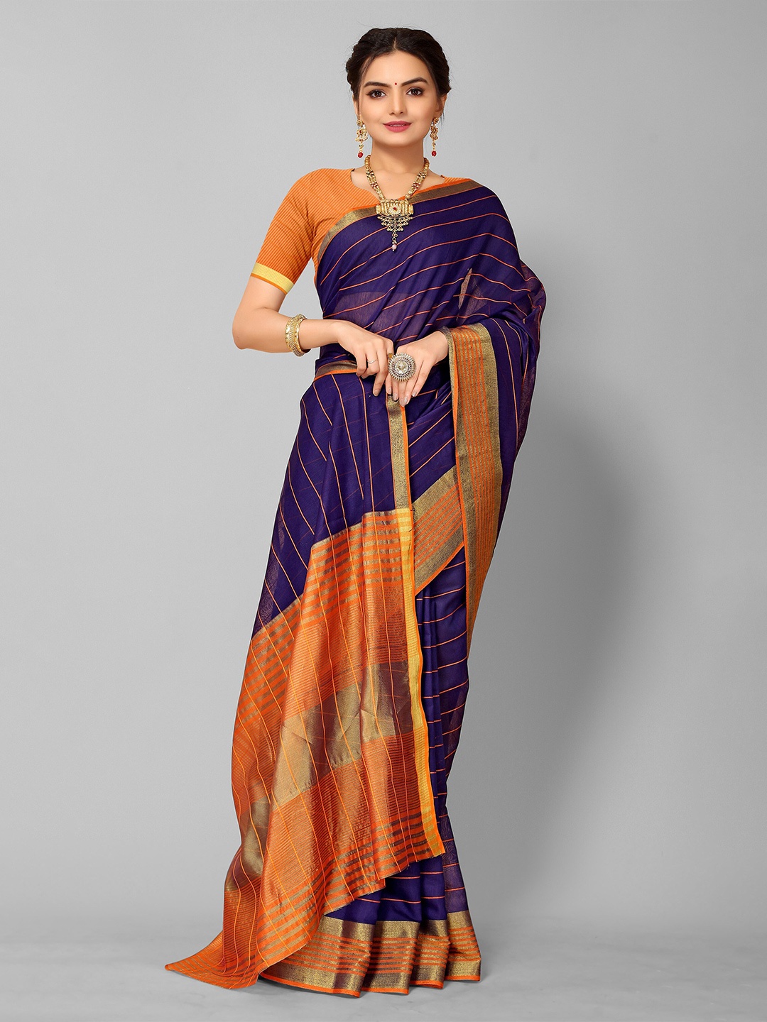 

KALINI Navy Blue & Orange Striped Zari Kanjeevaram Saree