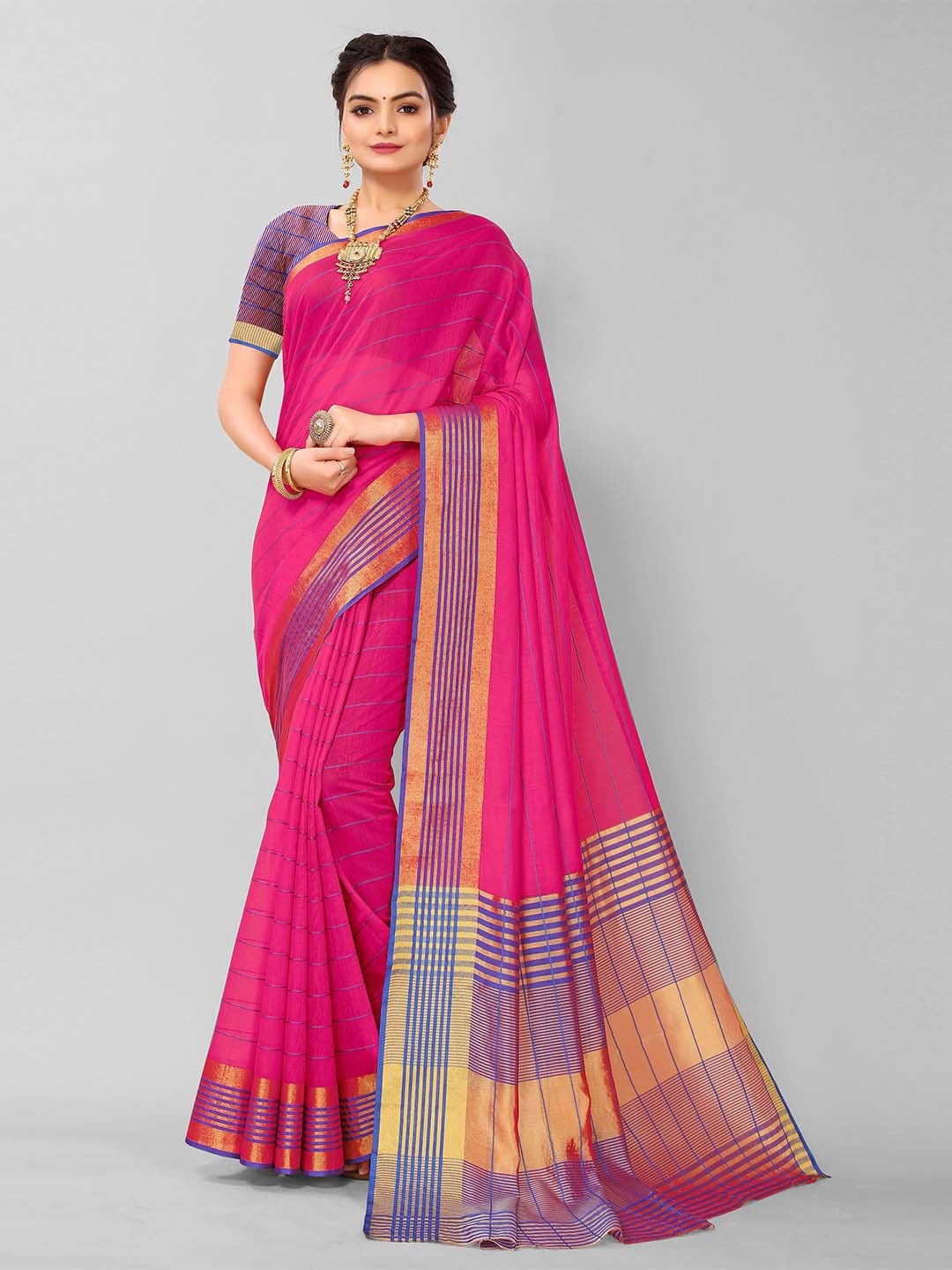 

KALINI Pink & Purple Striped Zari Kanjeevaram Saree
