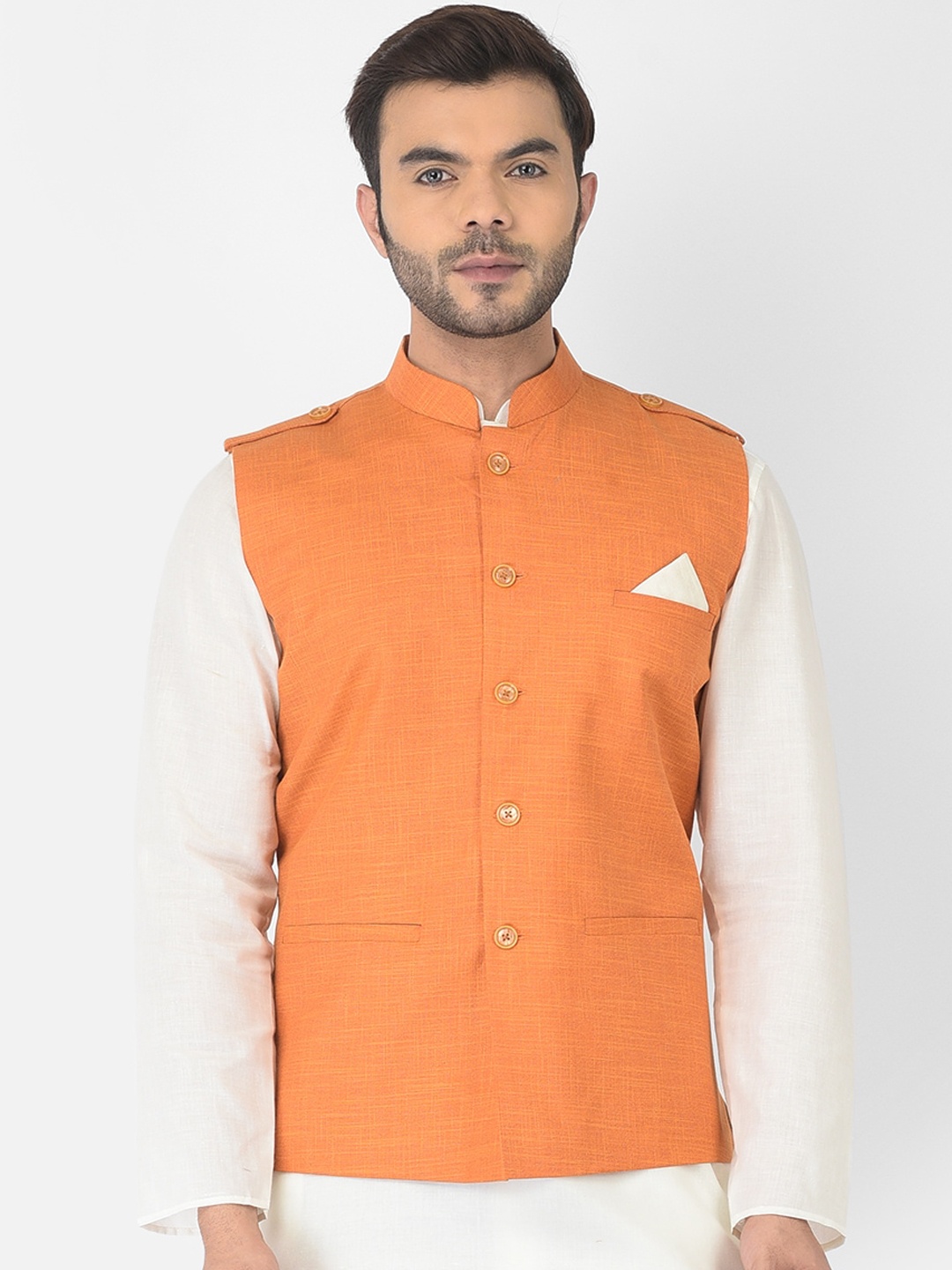 

DEYANN Men Orange-Coloured Solid Cotton Nehru Jacket