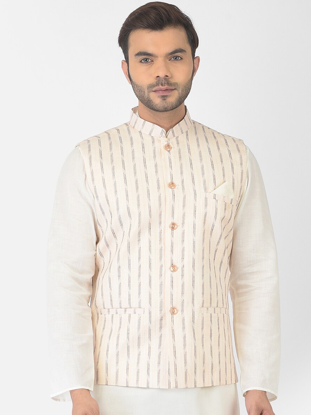 

DEYANN Men Coral-Orange Woven-Design Pure Cotton Nehru Jacket