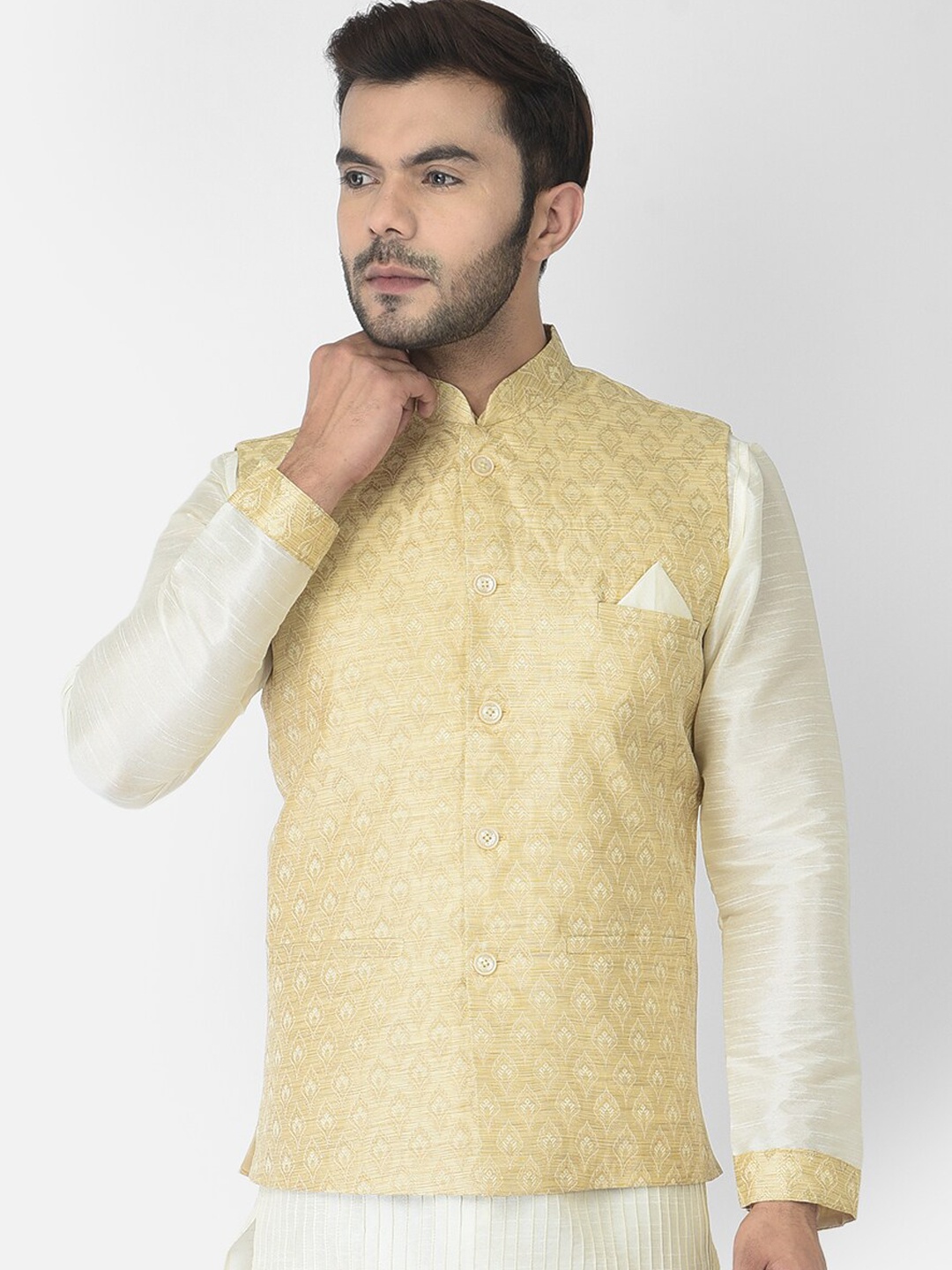 

DEYANN Men Cream-Coloured Woven Design Nehru Jacket