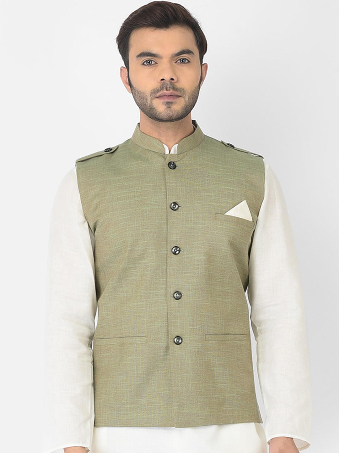 

DEYANN Men Green Solid Pure Cotton Woven Nehru Jacket