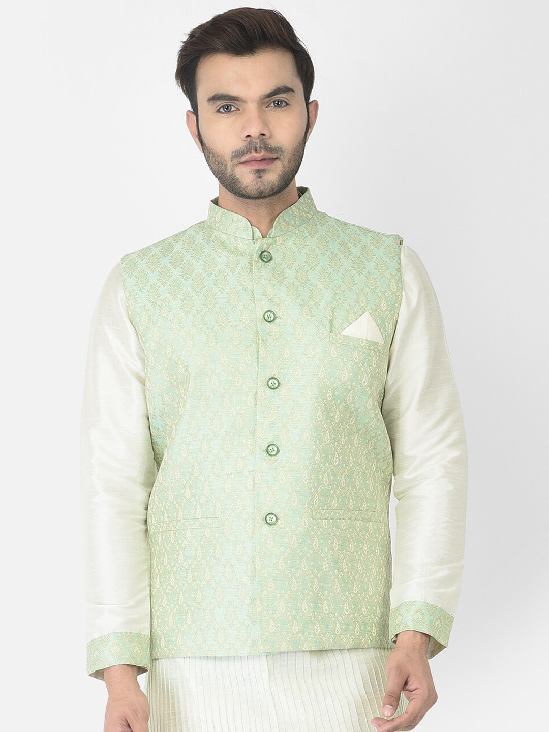 

DEYANN Men Green Woven Design Nehru Jackets