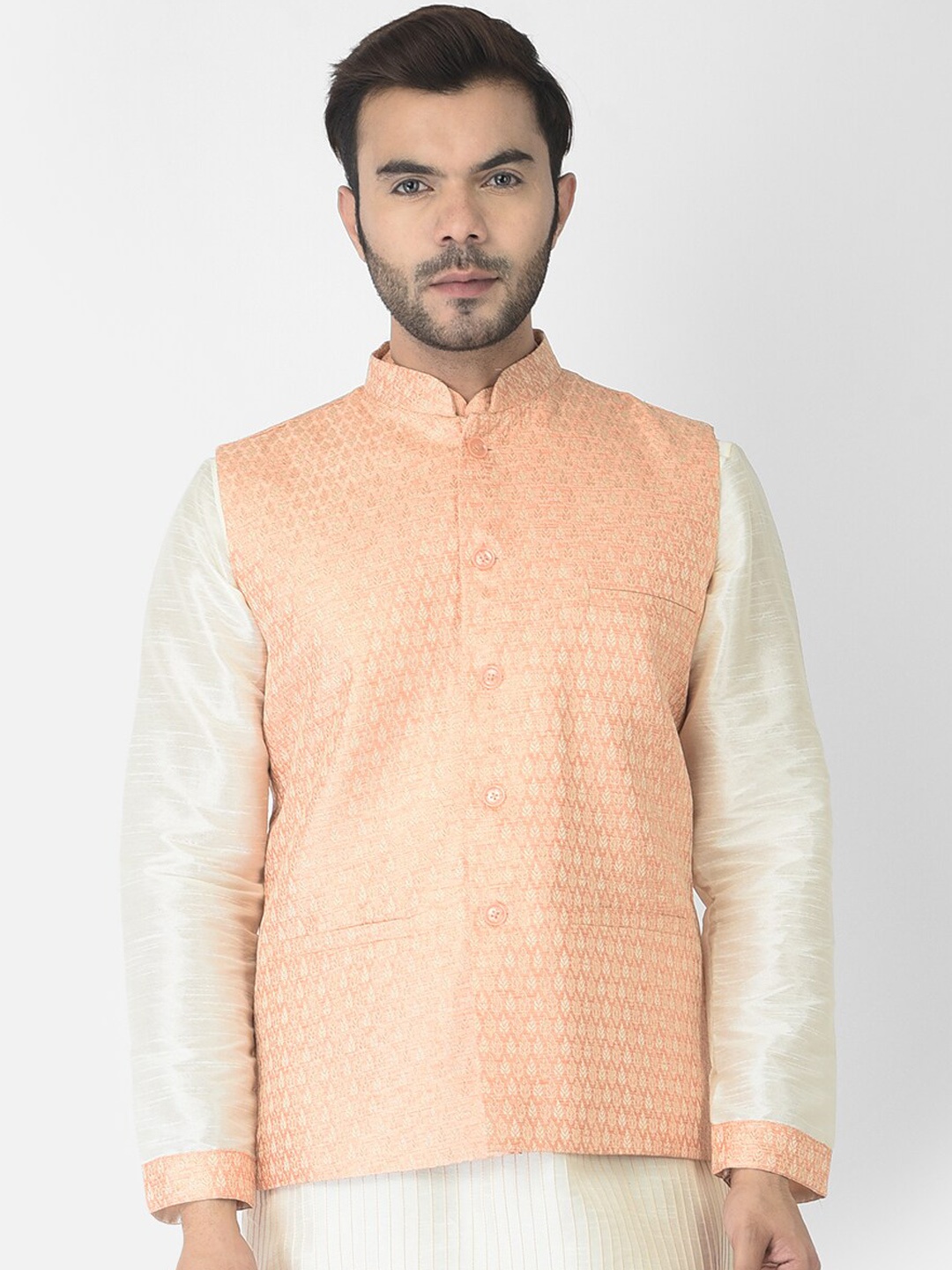 

DEYANN Men Orange Solid Woven Nehru Jacket