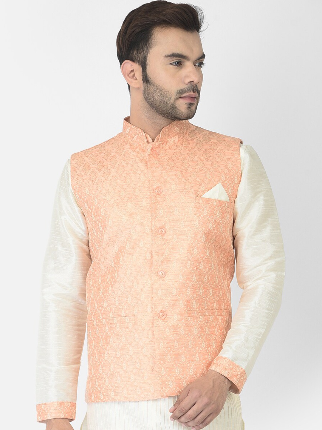 

DEYANN Men Orange-Coloured Jacquard Silk Woven Design Nehru Jacket