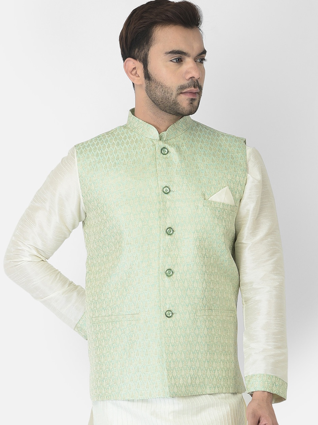 

DEYANN Men Green Woven-Design Silk Nehru Jackets