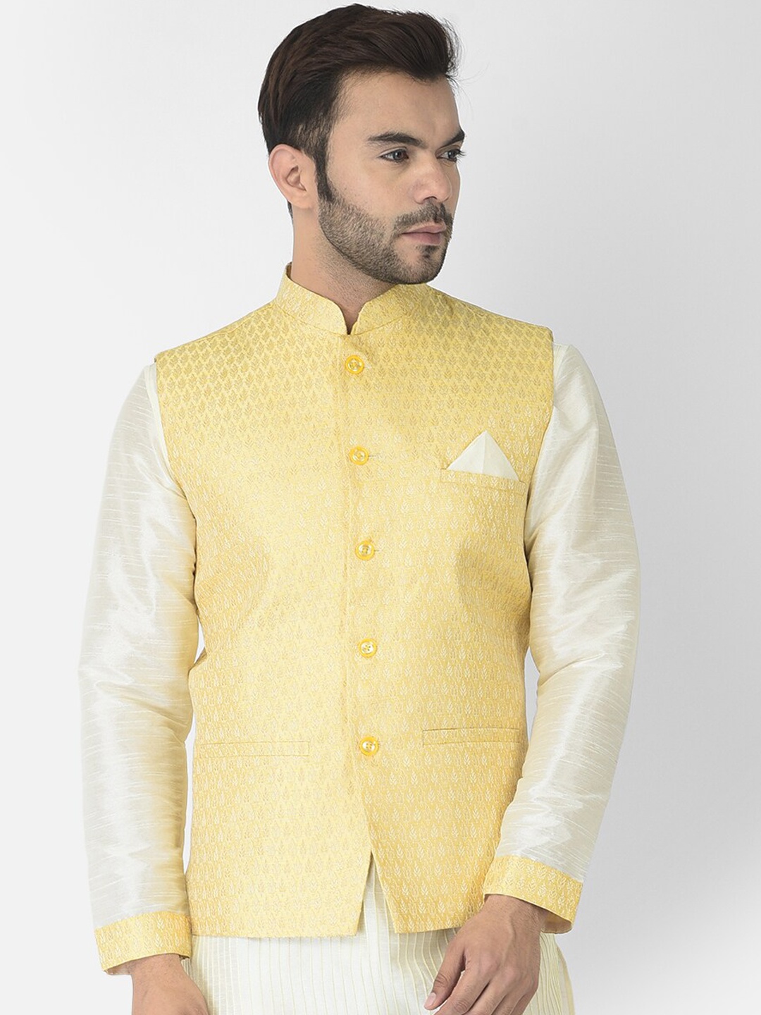 

DEYANN Men Yellow Woven-Design Nehru Jacket