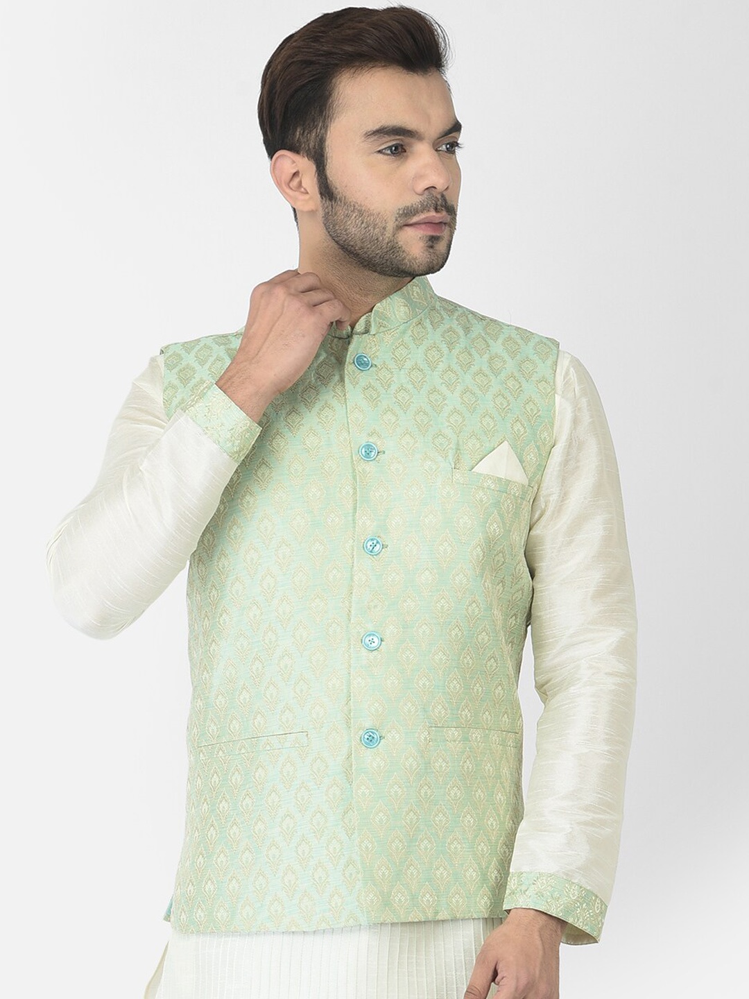 

DEYANN Men Green Woven-Design Nehru Jacket