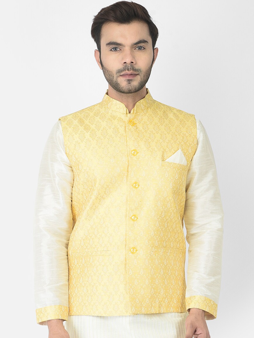 

DEYANN Men Yellow Woven Design Nehru Jackets