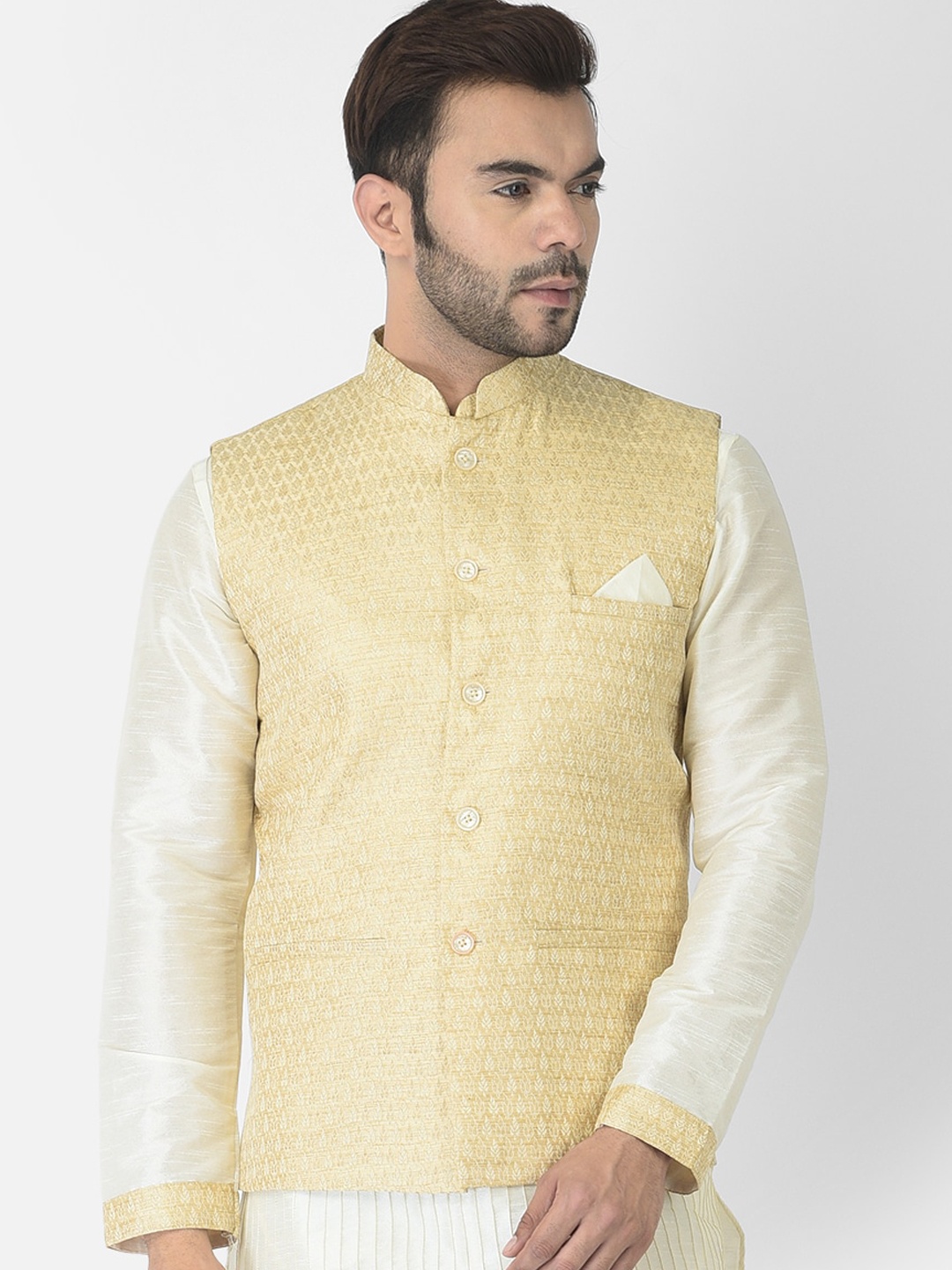 

DEYANN Men Cream-Coloured Jacquard Silk Woven Design Nehru Jacket