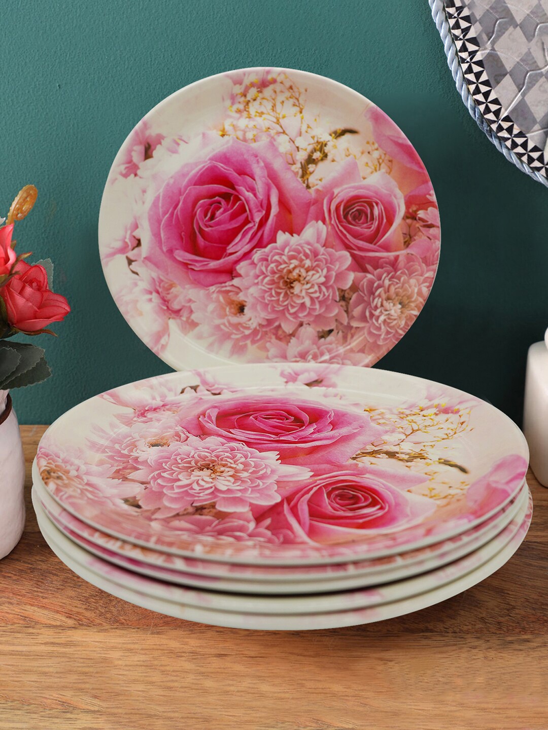 

Gallery99 Pink & 6 Pieces Floral Printed Melamine Glossy Plates