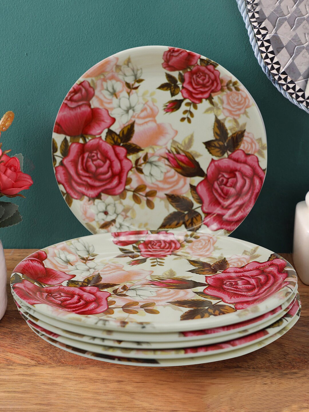 

Gallery99 Pink & Green 6 Pieces Floral Printed Melamine Glossy Plates