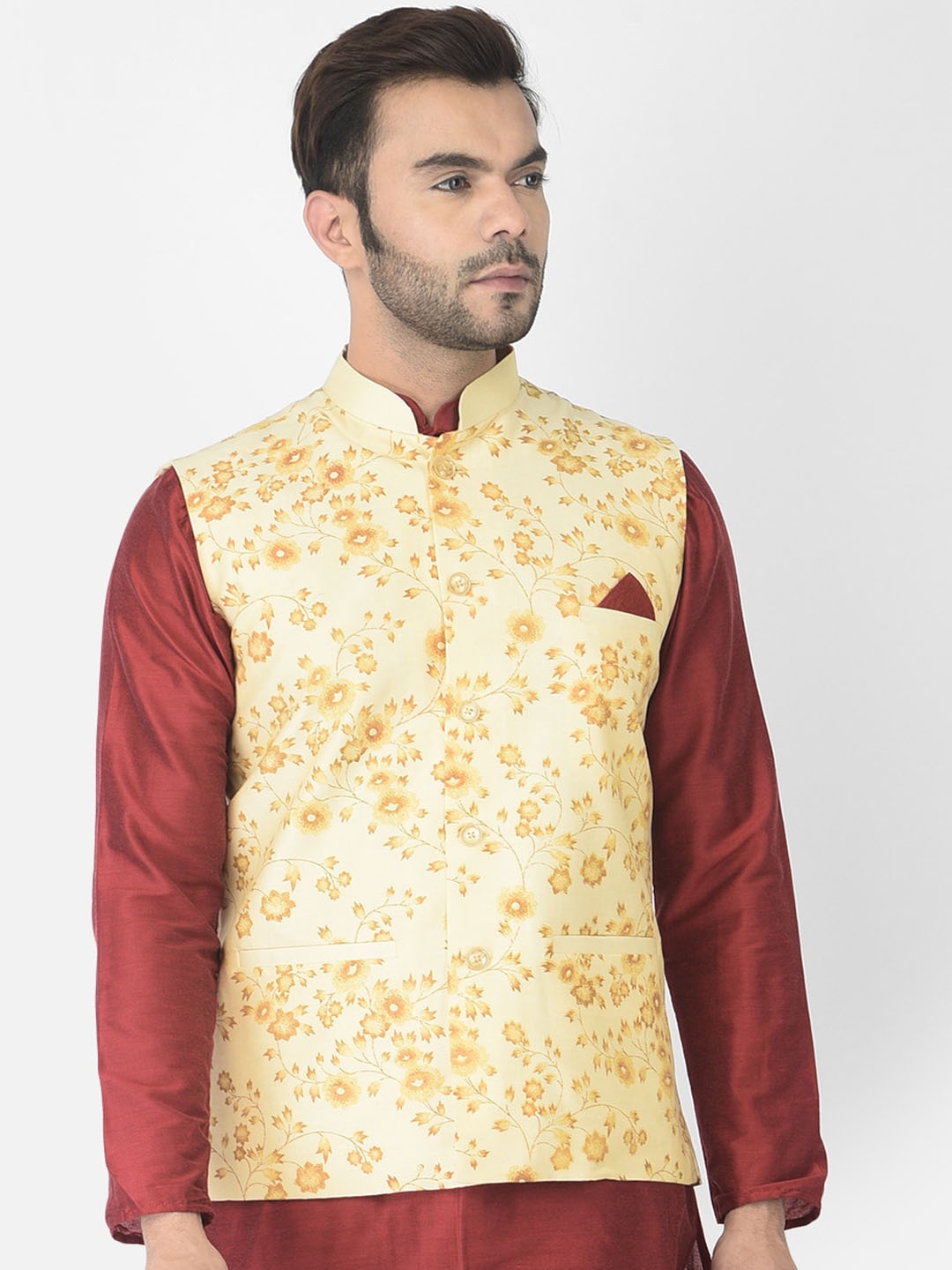 

DEYANN Men Cream-Coloured & Orange Printed Woven Nehru Jacket