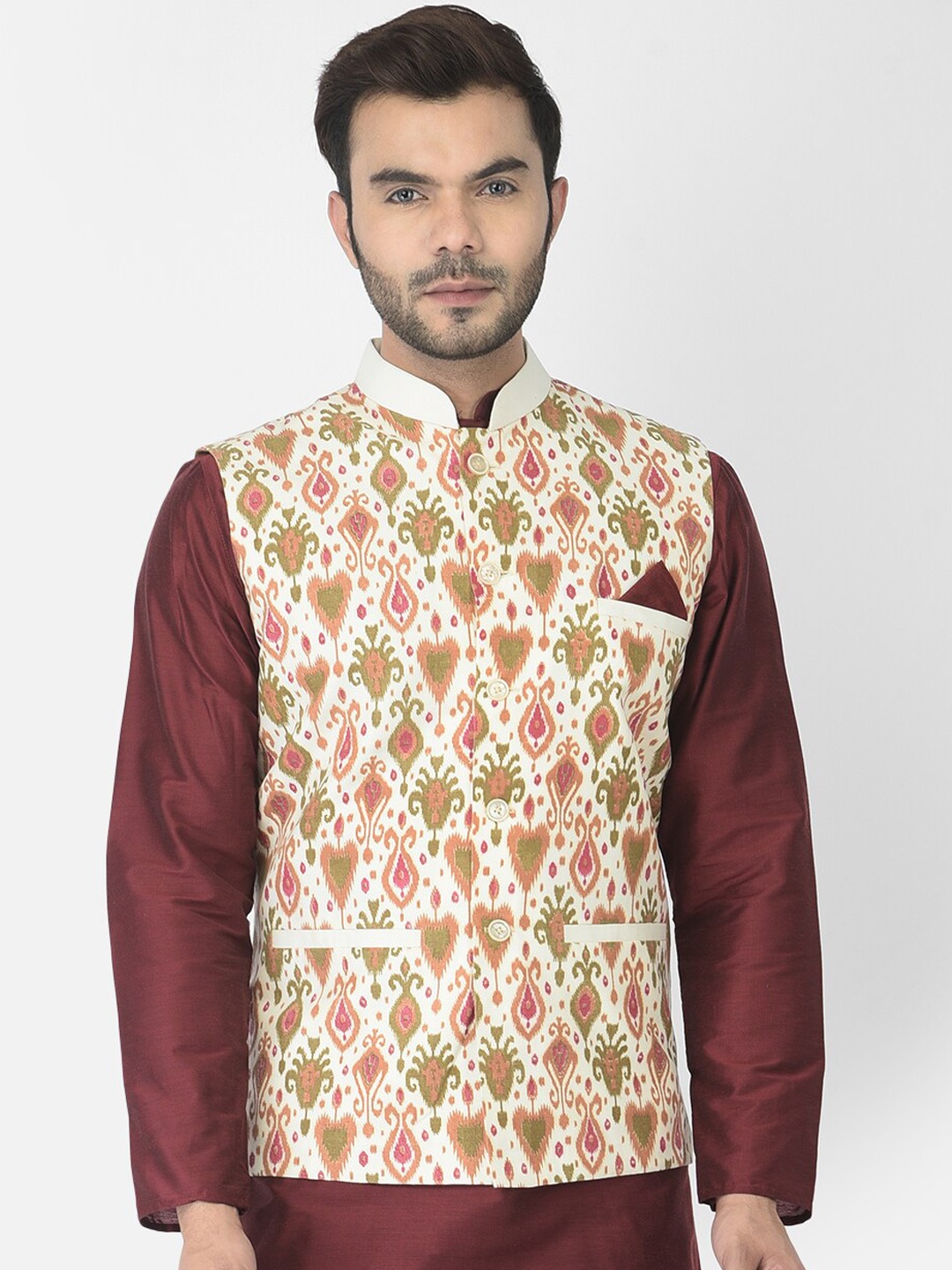 DEYANN Men Off White & Pink Printed Nehru Jackets