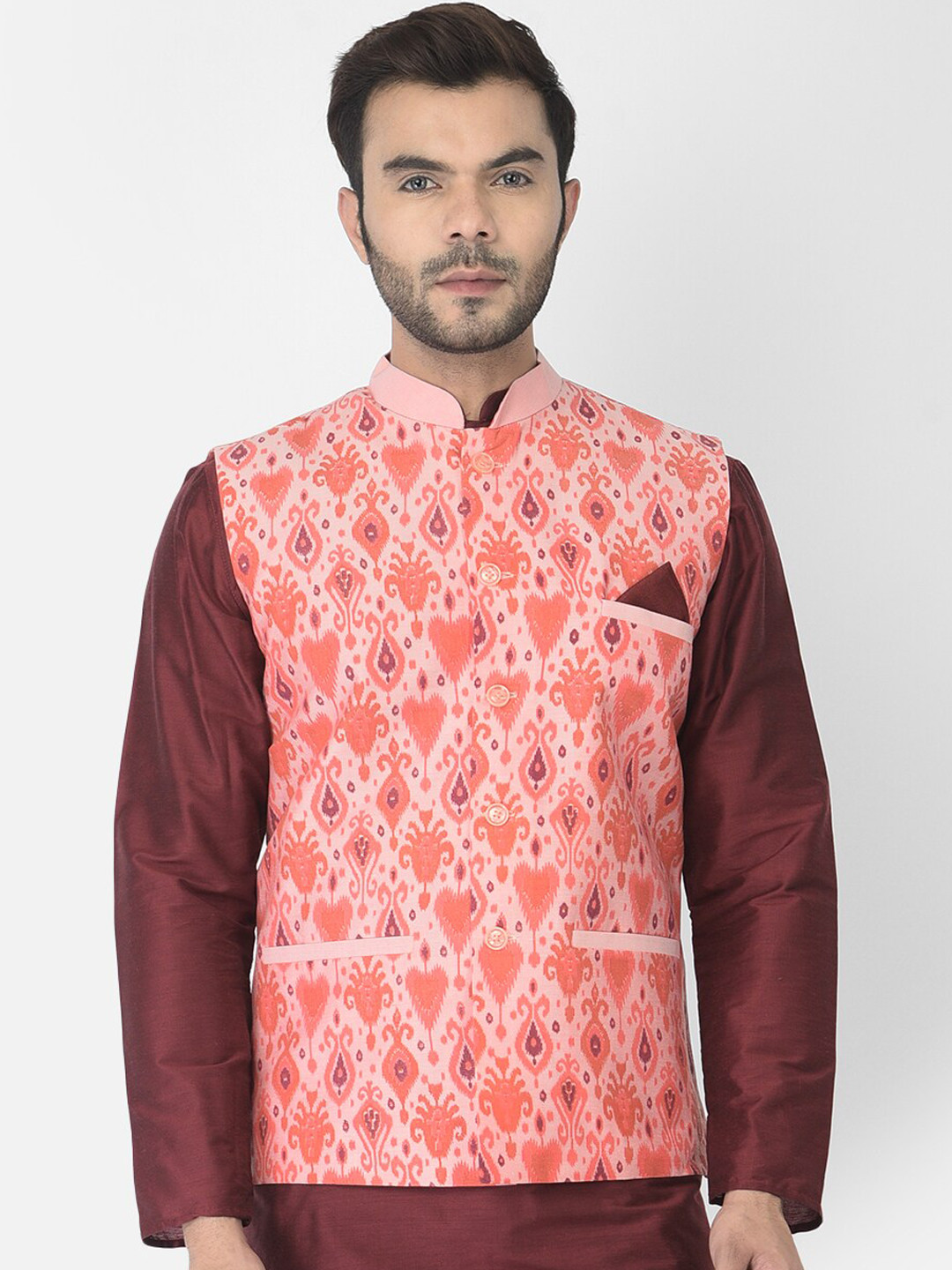 

DEYANN Men Peach Colored Printed Woven Nehru Jackets
