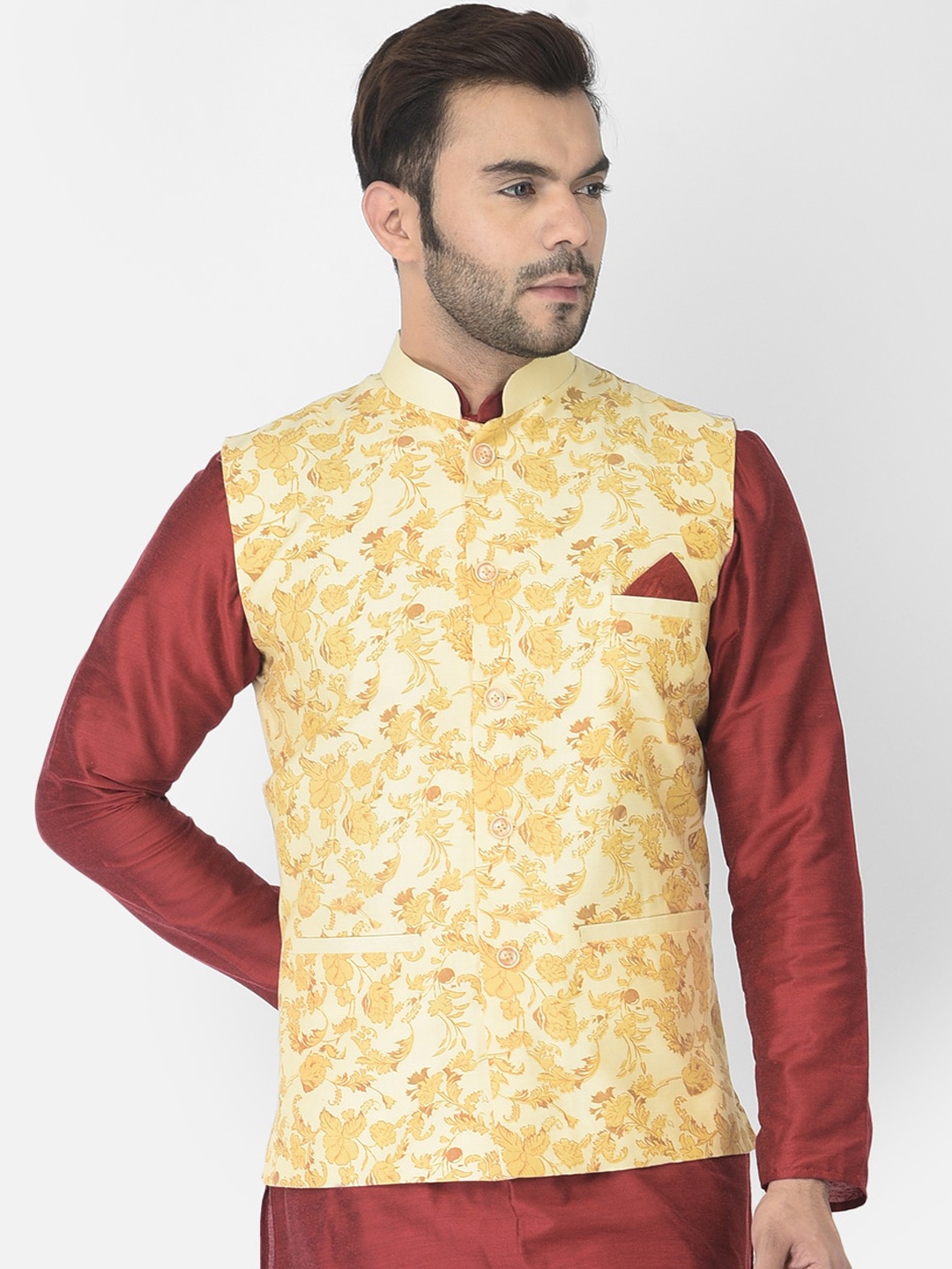 

DEYANN Men Cream-Colored Printed Woven-Design Cotton Nehru Jackets