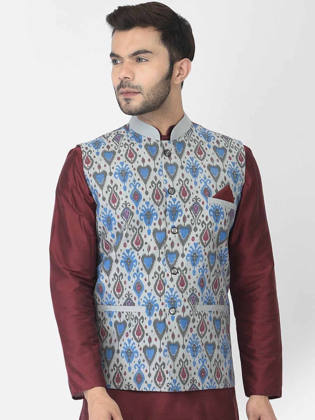 

DEYANN Men Silver Printed Nehru Jacket