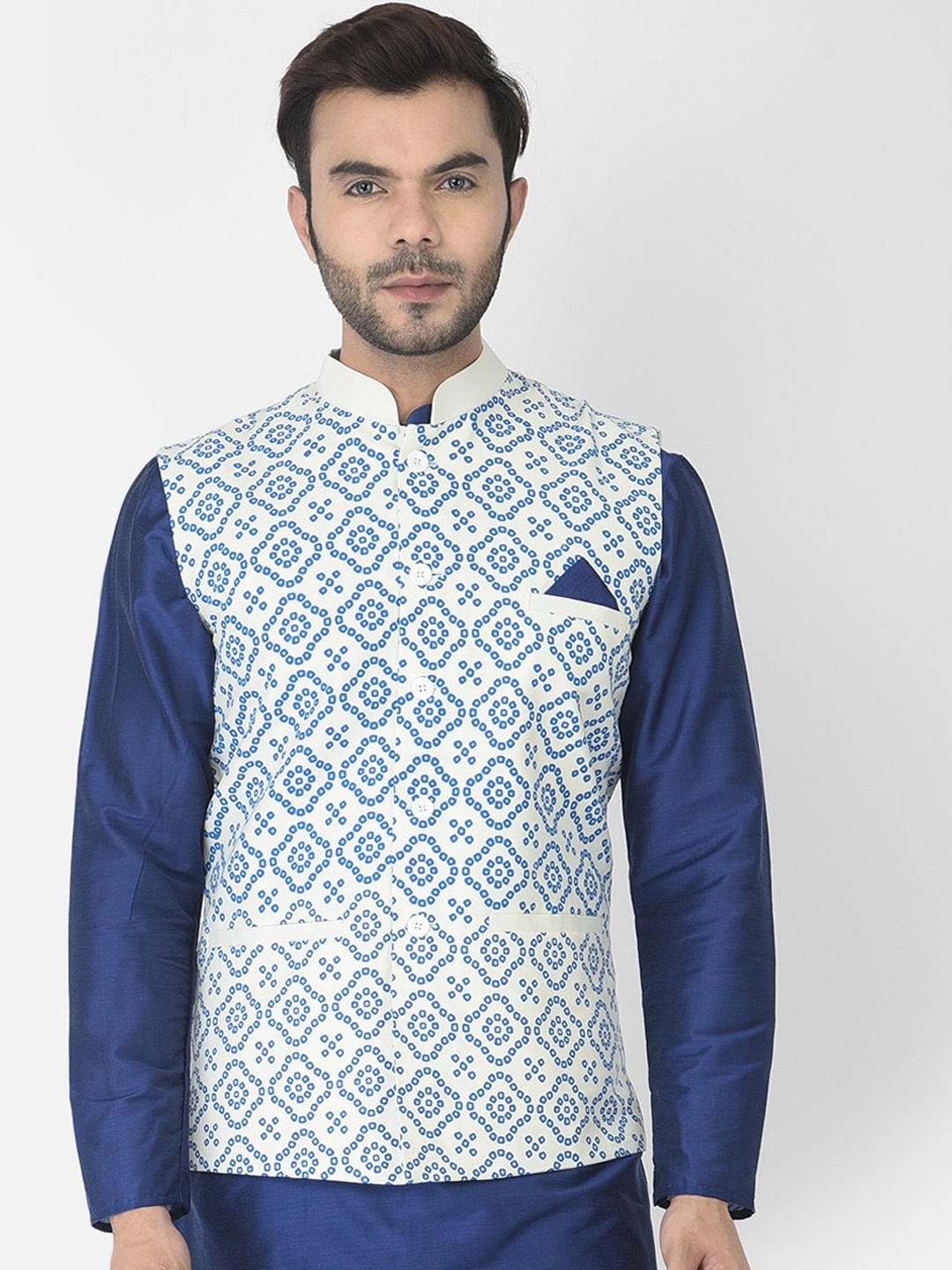 

DEYANN Men Off White & Blue Printed Woven Nehru Jacket