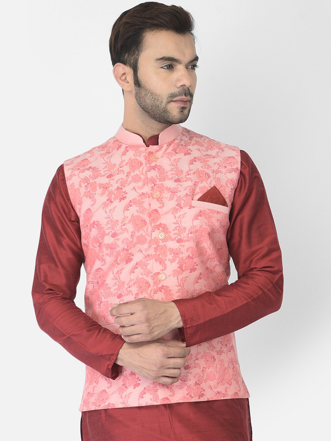 

DEYANN Men Peach-Coloured Printed Cotton Nehru Jacket