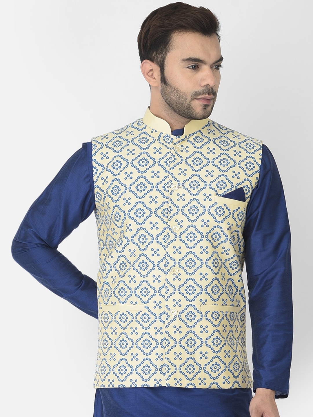 

DEYANN Men Cream Printed Woven Nehru Jacket