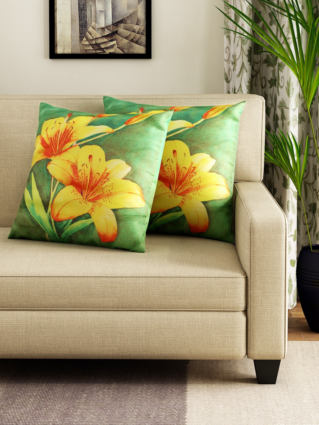 

Swayam Green & Yellow Set of 2 16" x 16" Square Printed Cushion Covers, Fluorescent green