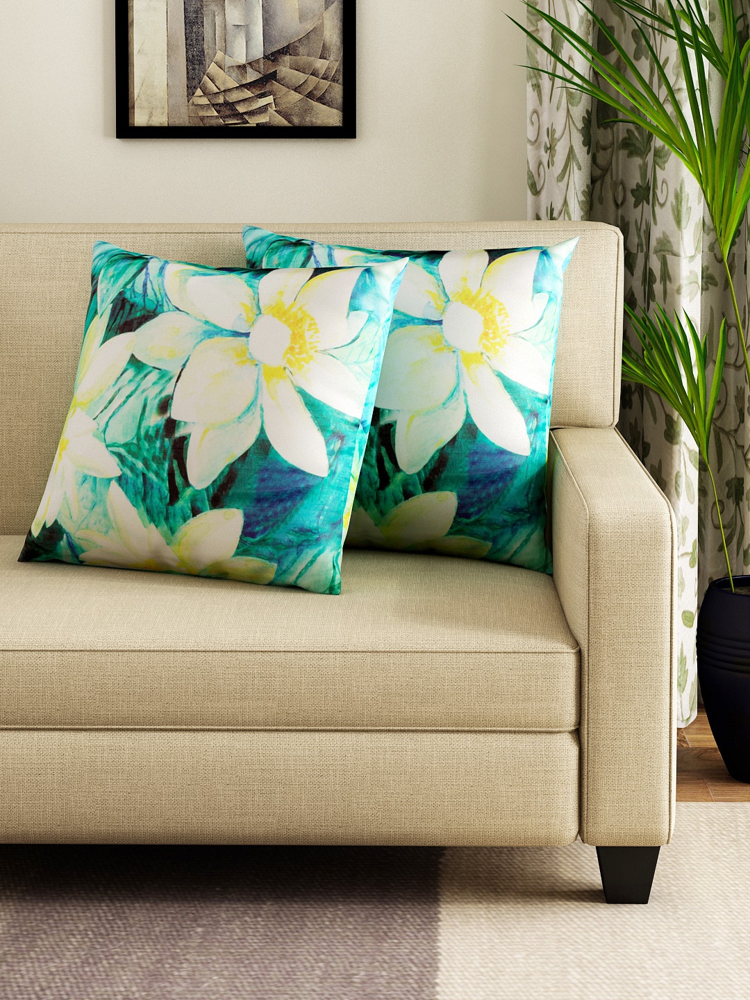 

Swayam Green & White Set of 2 16" x 16" Square Printed Cushion Covers
