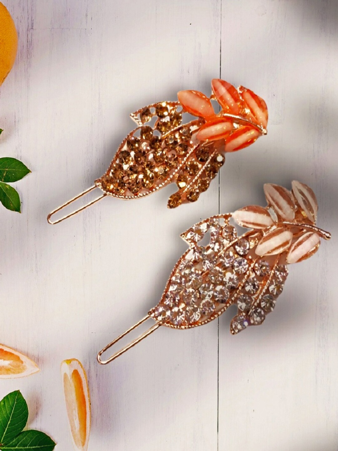 

Proplady Women Gold-Toned & Orange Set of 2 Embellished Alligator Hair Clips