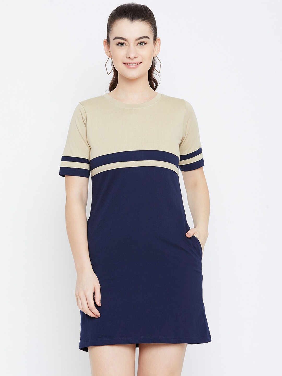 

JHANKHI Beige & Blue Colourblocked Round Neck Sheath Dress