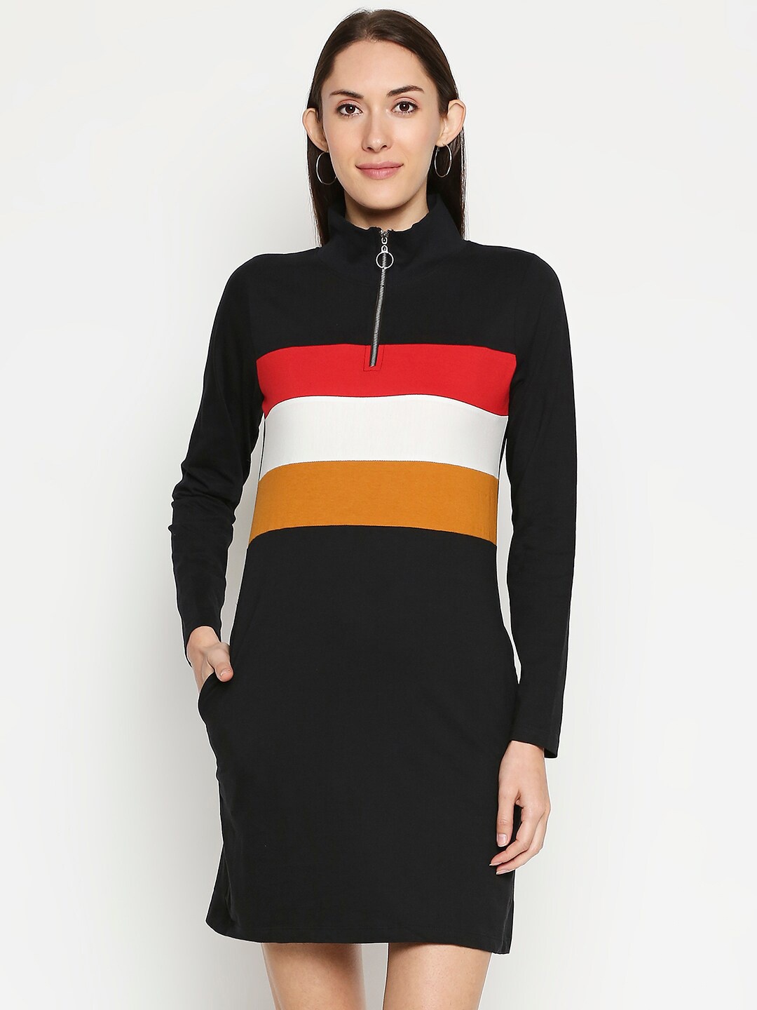 

JHANKHI Black Striped High Neck Jumper Dress