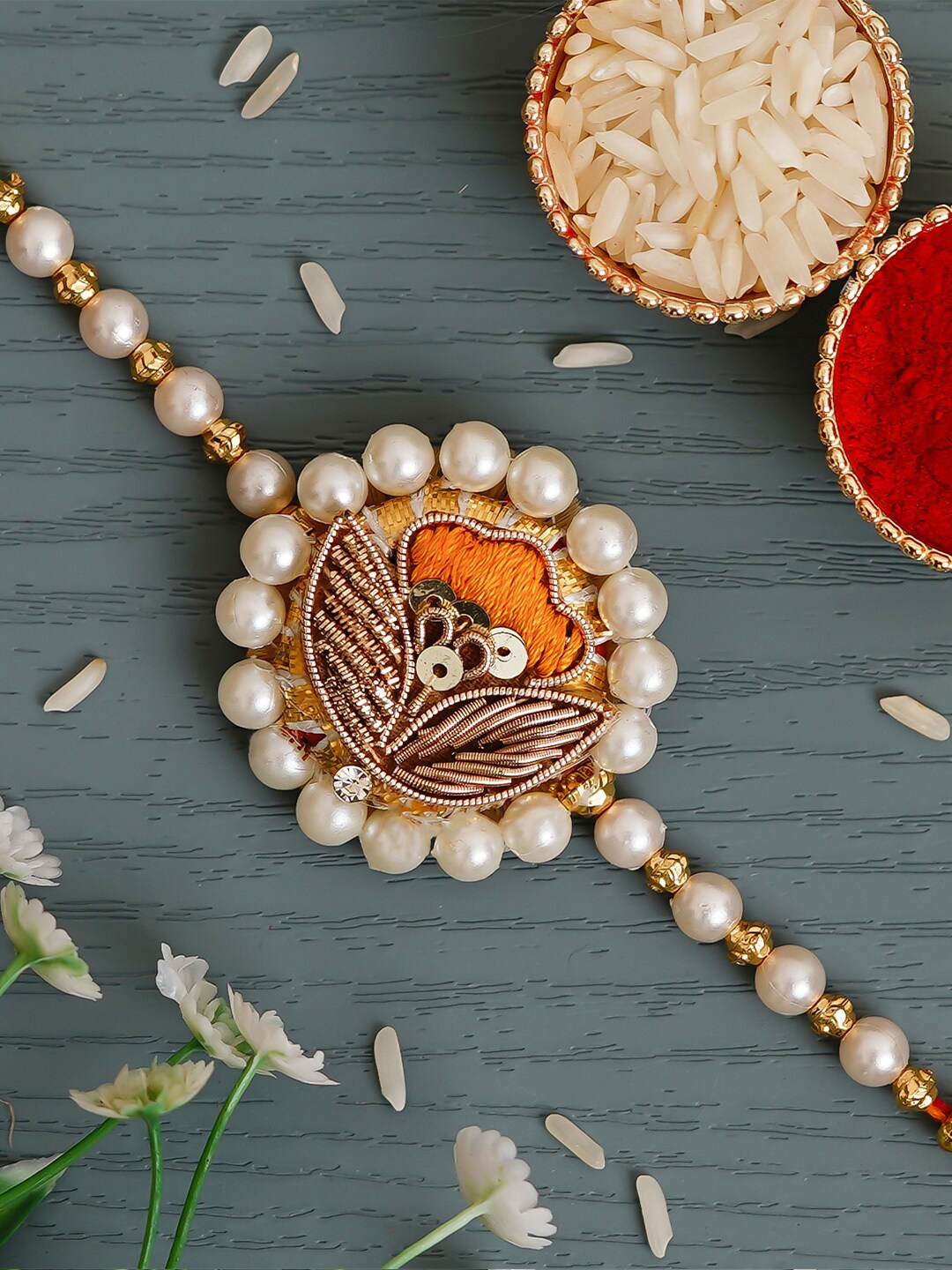 

eCraftIndia White & Gold Pearl Stone Rakhi with Roli & Chawal