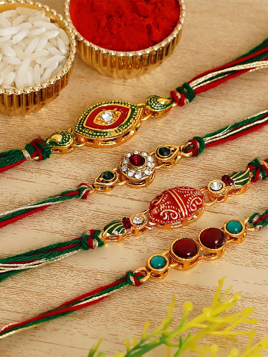 

Adwitiya Collection Multicolored Pack of 4 Designer Kundan Rakhi Set Combo, Multi