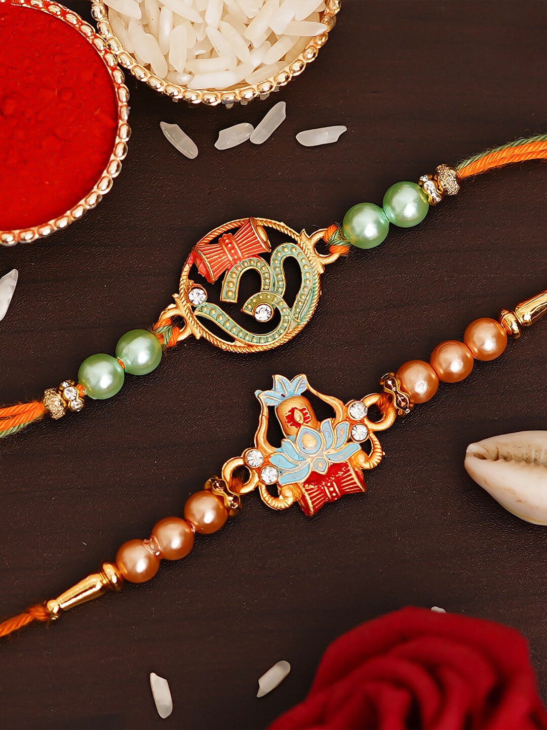 eCraftIndia Pack of 2 Designer Rakhis and Roli Chawal Pack, Multi