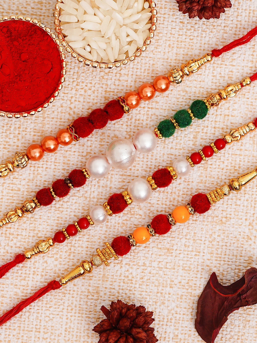 

eCraftIndia Set of 4 Multicoloured Designer Pearl Rakhi with Roli Chawal, Multi