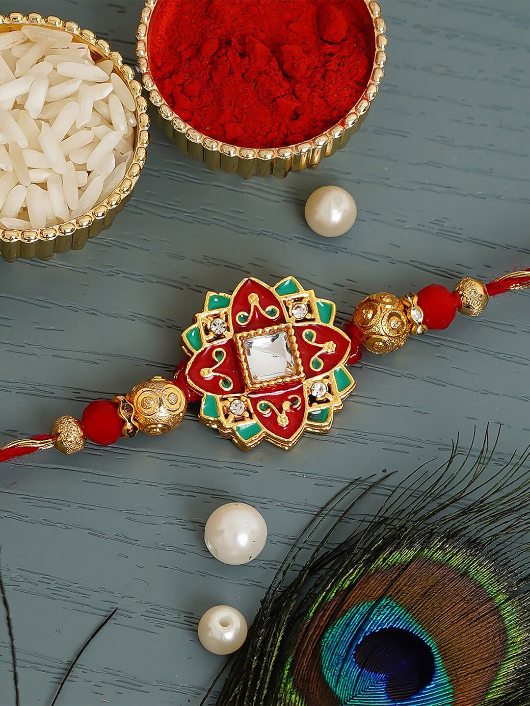 

eCraftIndia Red & Green Meenakari Rakhi with Roli Chawal