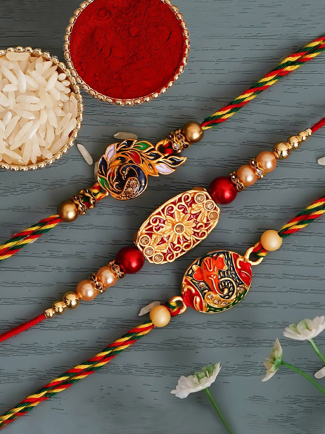 

eCraftIndia Pack of 3 Designer Rakhis & Roli Chawal, Red