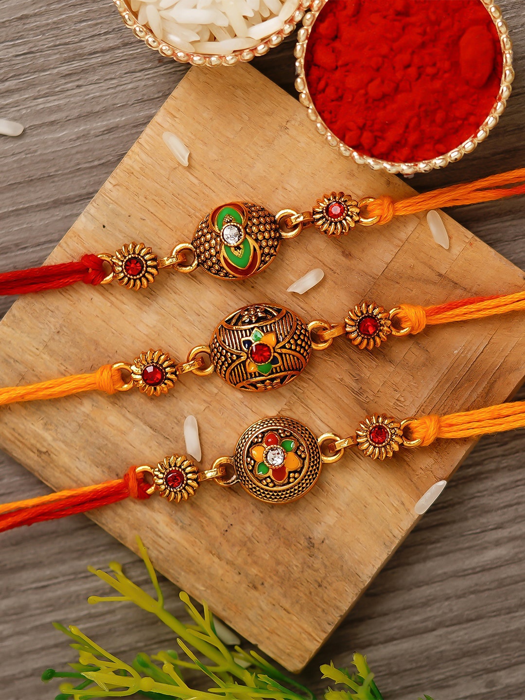 

eCraftIndia Pack of 3 Multicoloured Rakhi with Roli Chawal Set, Multi