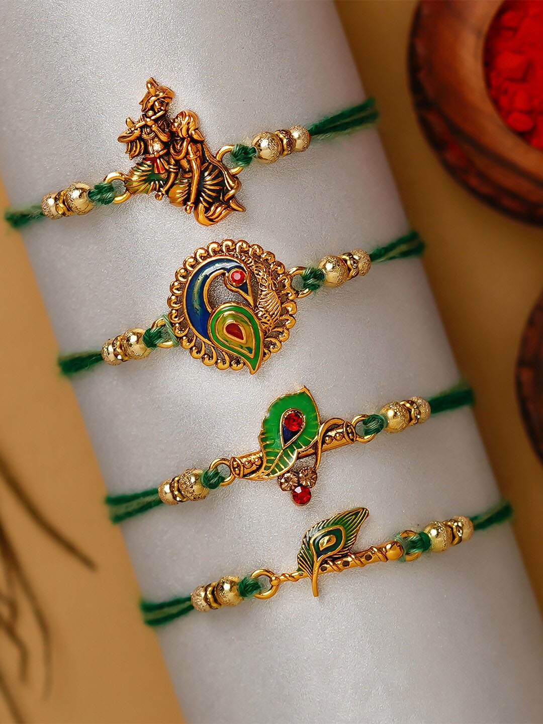

eCraftIndia Pack of 4 Designer Rakhis and Roli Chawal Pack, Green