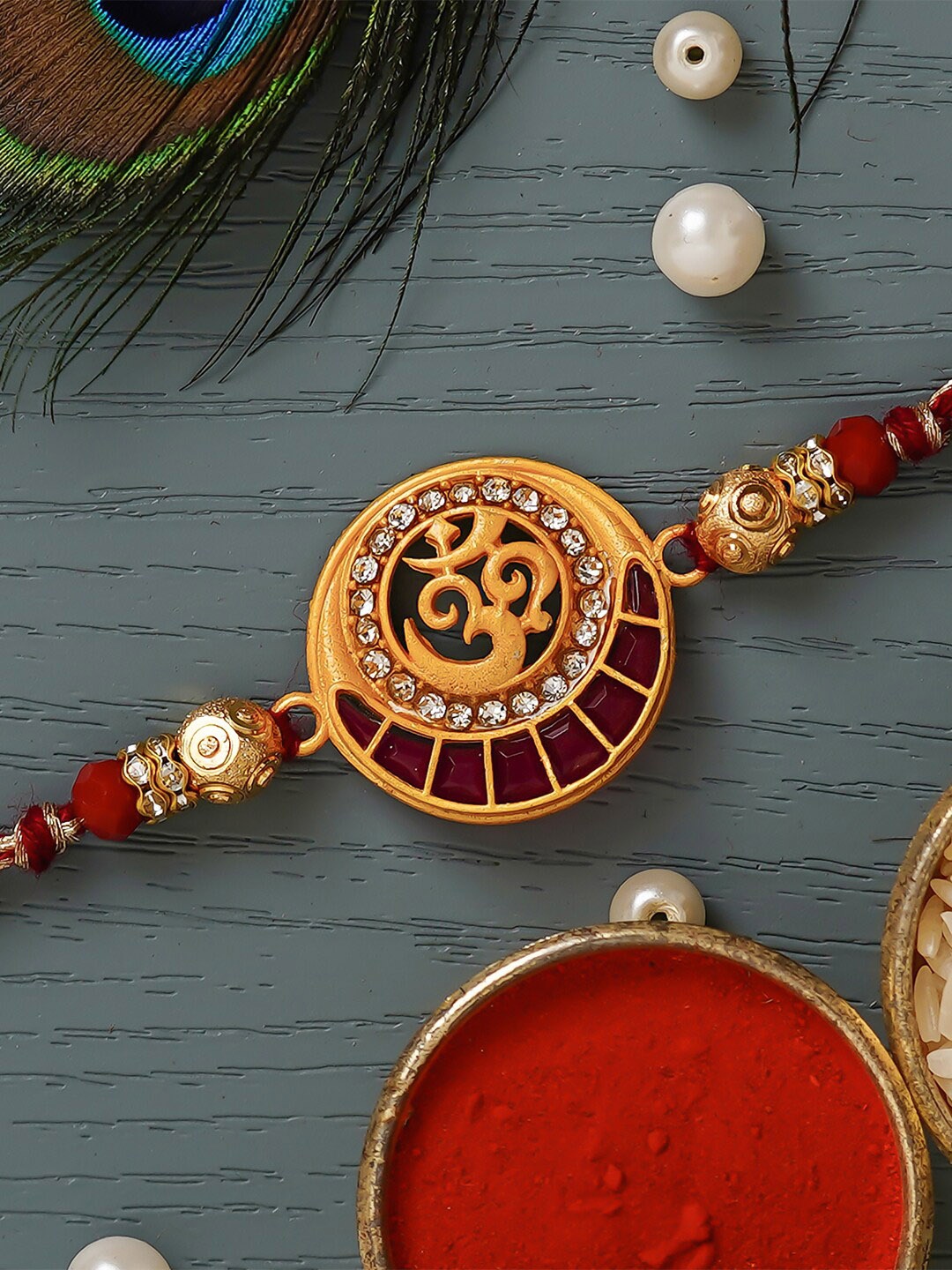 

eCraftIndia Red & Gold-Toned Om Studded Rakhi