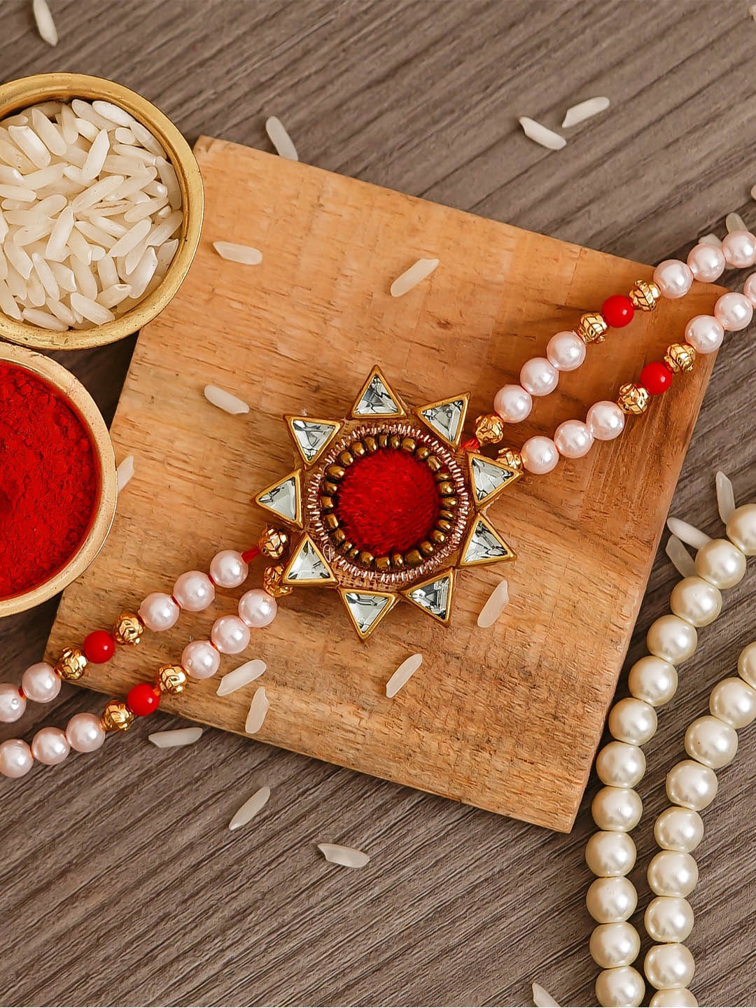 

eCraftIndia Red & White Kundan Floral Rakhi with Roli Chawal