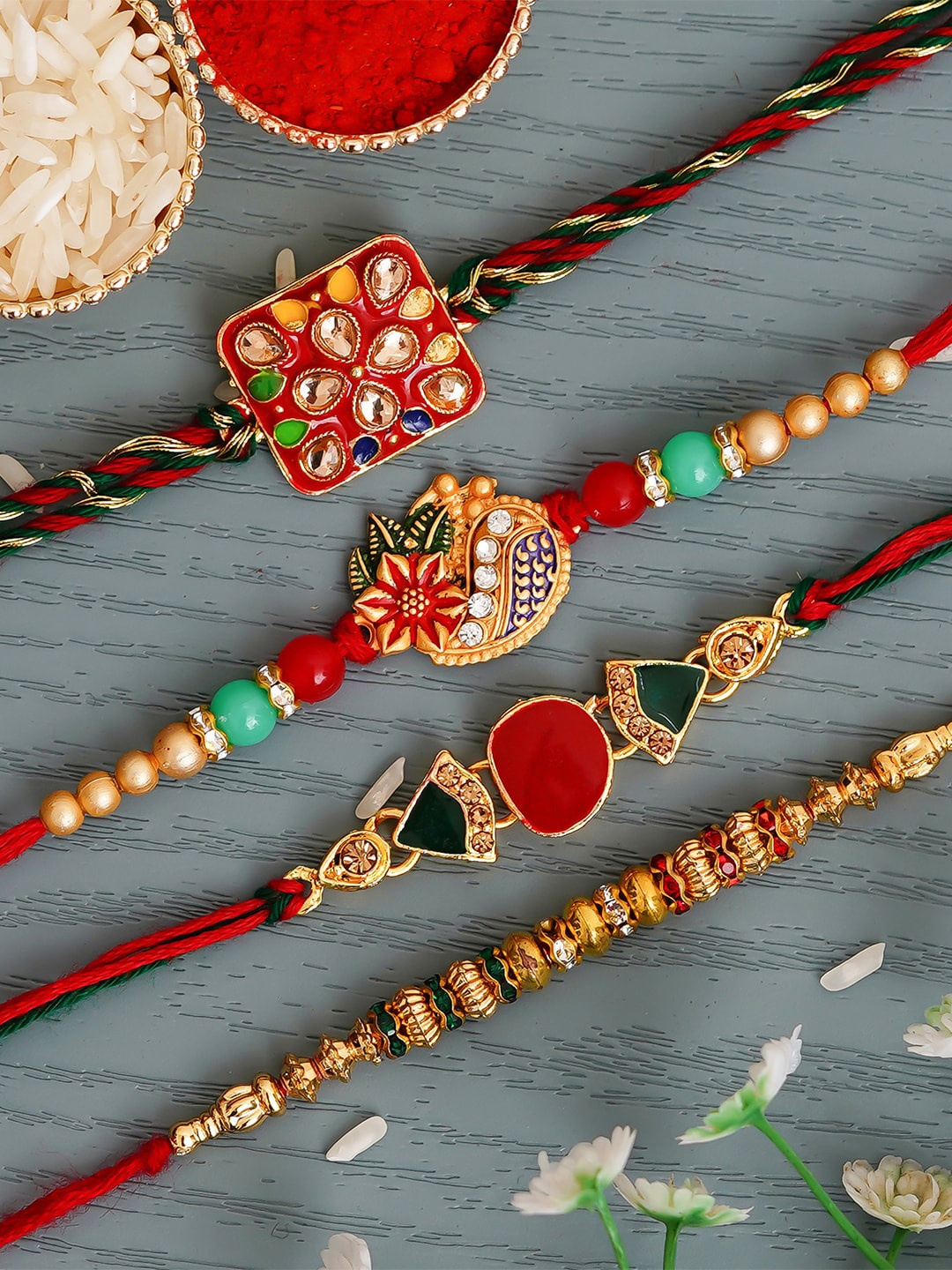 

eCraftIndia Pack of 4 Designer Rakhis and Roli Chawal Pack, Multi