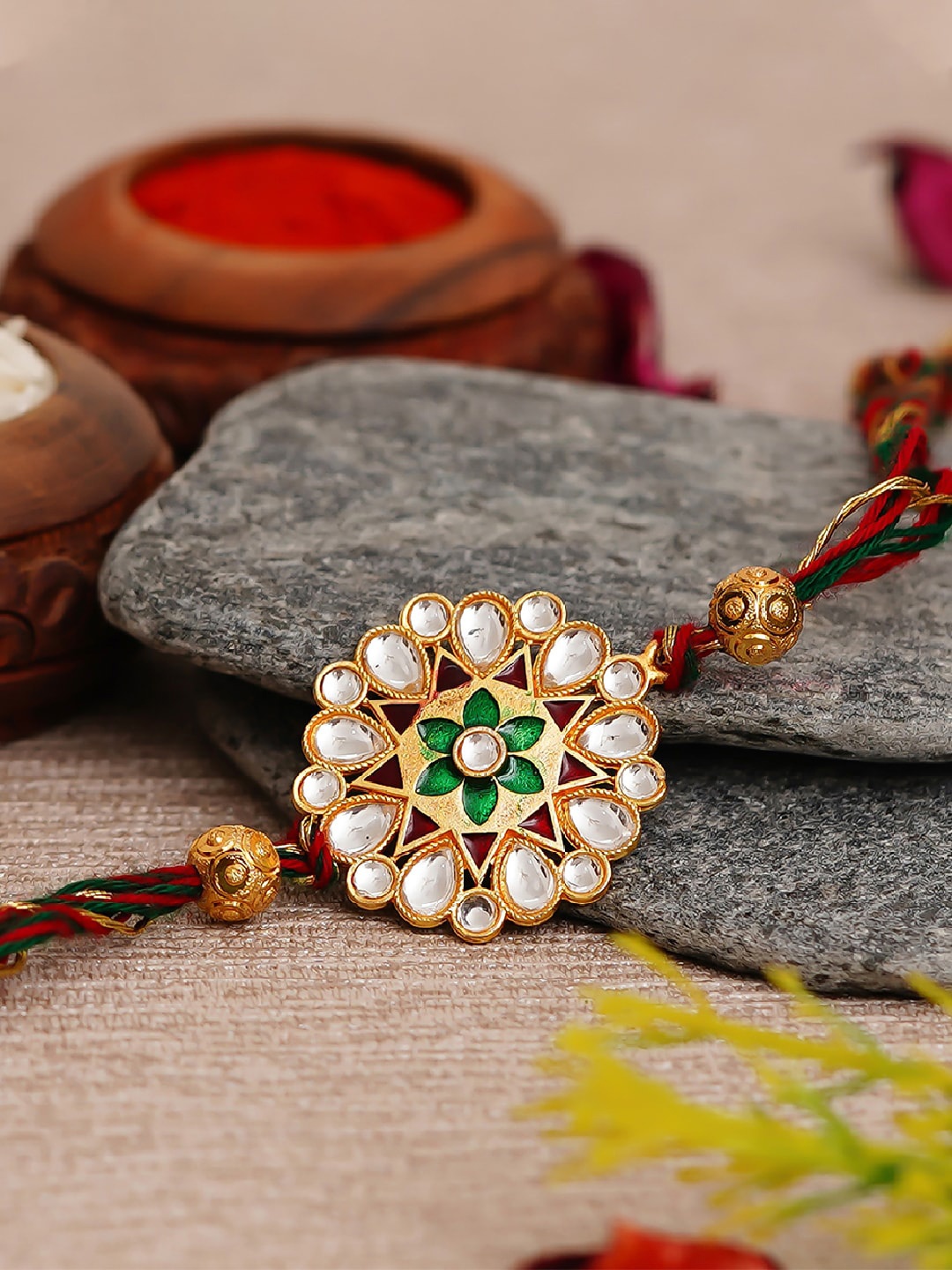 

eCraftIndia Multi-Coloured Kundan Rakhi & Roli Chawal Pack