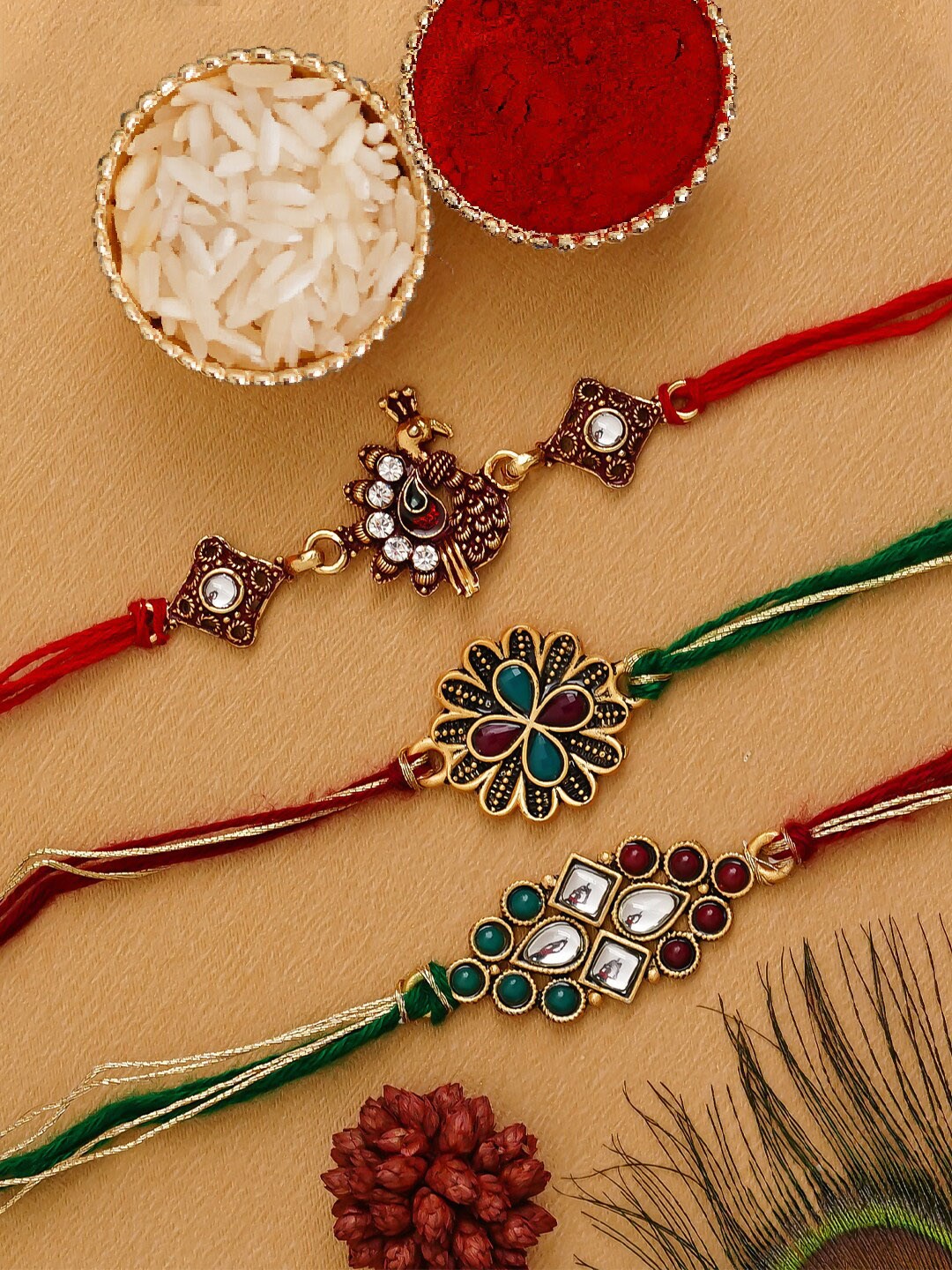 

eCraftIndia Pack of 3 Kundan Rakhis and Roli Chawal Pack, Multi