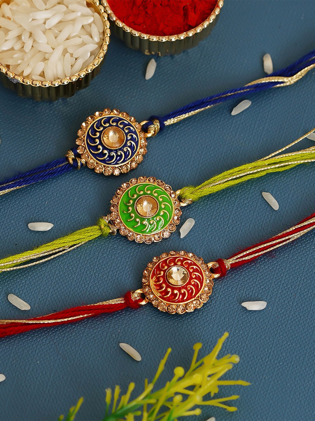 

eCraftIndia Multicoloured Pack of 3 Meenakari Rakhis and Roli Chawal, Multi