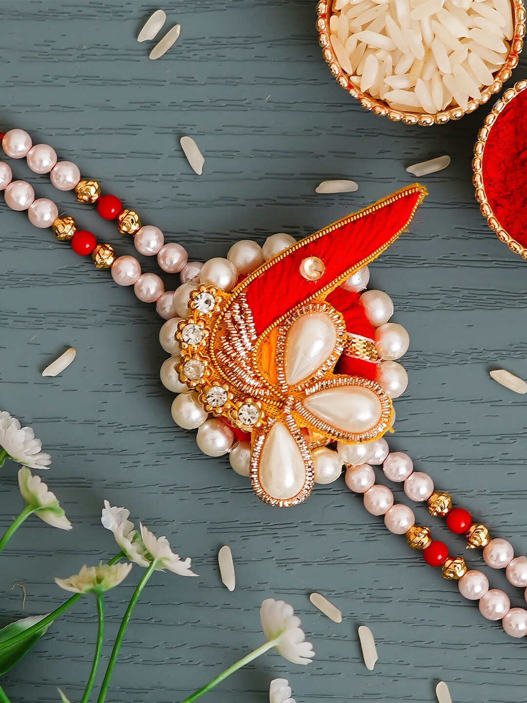 

eCraftIndia Orange & White Rakhi & Roli Chawal Pack