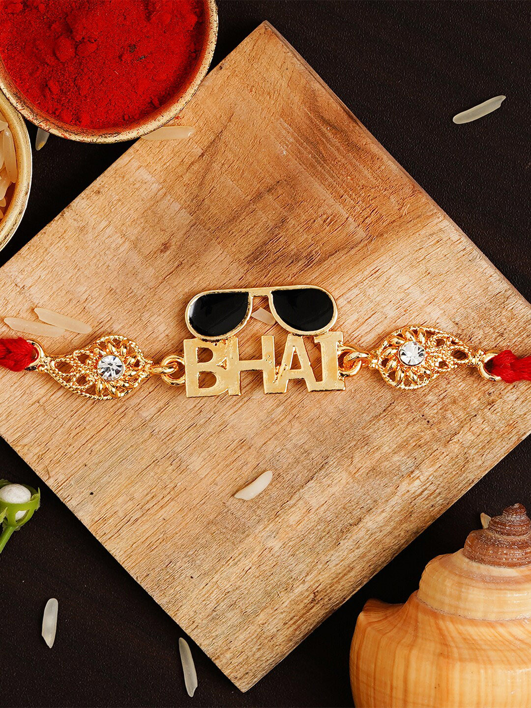 

eCraftIndia Red & Gold-Toned Bhai Studded Rakhi